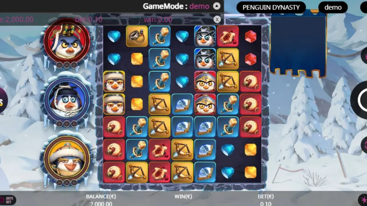 Tampilan visual slot Penguin Dynasty dengan tema penguin kaisar Tiongkok