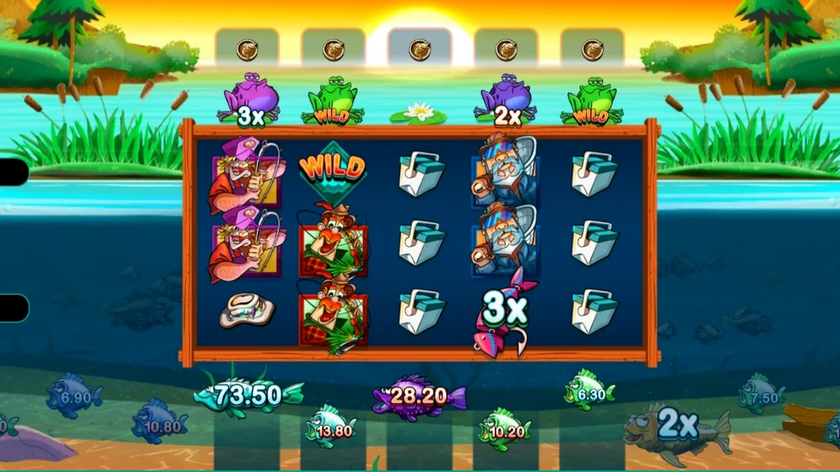 Tampilan visual slot All About the Bass 2: Froggy Style dengan tema memancing dan katak