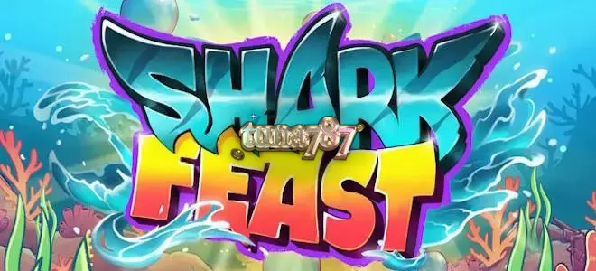 Tampilan layar permainan slot Shark Feast dengan tema bawah laut yang cerah dan karakter hiu.