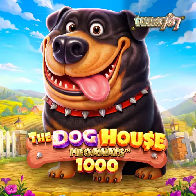 Tampilan visual slot The Dog House Megaways 1000 dengan karakter anjing yang ceria